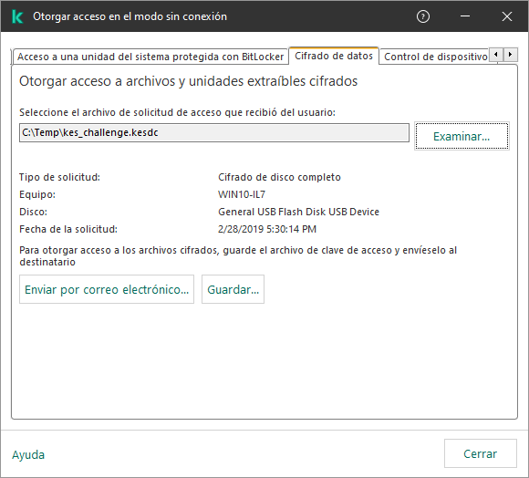 La ventana contiene un campo para seleccionar el archivo de solicitud de acceso. El usuario puede guardar el archivo de clave de acceso generado en el disco o enviarlo por correo electrónico.