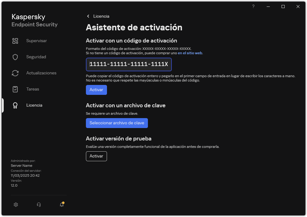 Ventana con las herramientas de activación de la aplicación. El usuario puede ingresar un código de activación o seleccionar un archivo de clave.