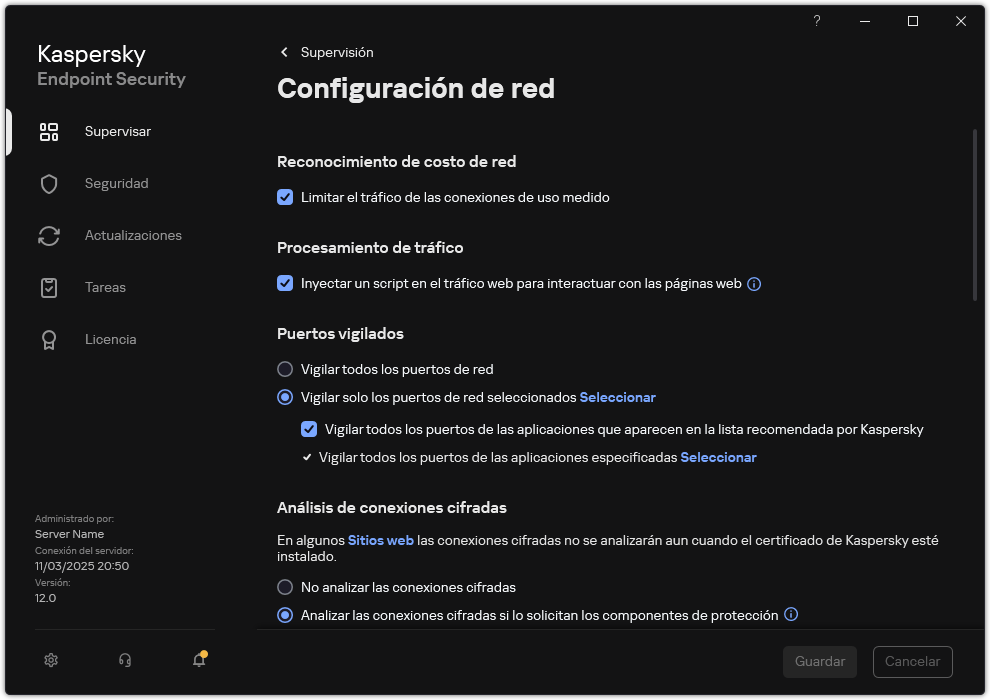 Ventana Configuración de red de la aplicación.