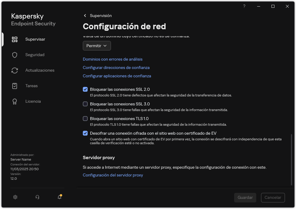 Ventana Configuración de red de la aplicación.