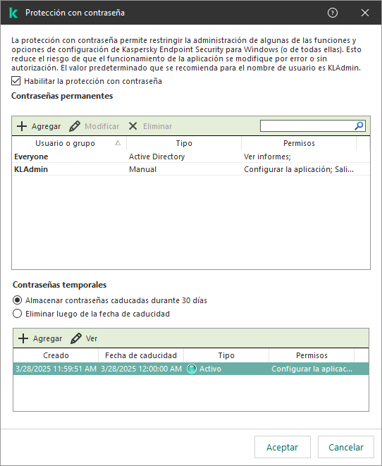 Ventana de Administración de contraseñas temporales.