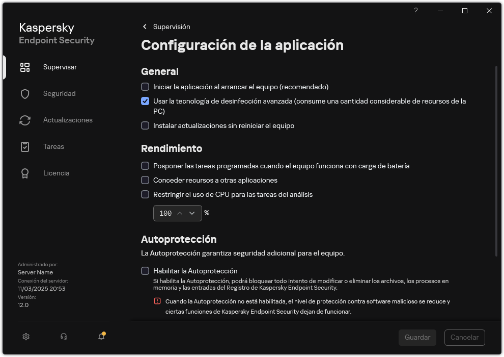 Ventana de Configuración de las aplicaciones. El usuario puede configurar el rendimiento, la autoprotección y otras opciones.