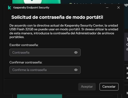 La ventana contiene campos para ingresar y confirmar la contraseña.