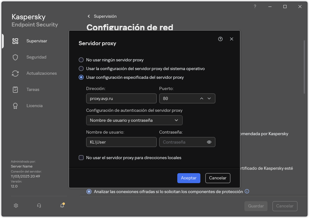 La ventana para configurar la conexión del servidor proxy. El usuario puede configurar la dirección del servidor proxy y las credenciales para conectarse al servidor proxy.