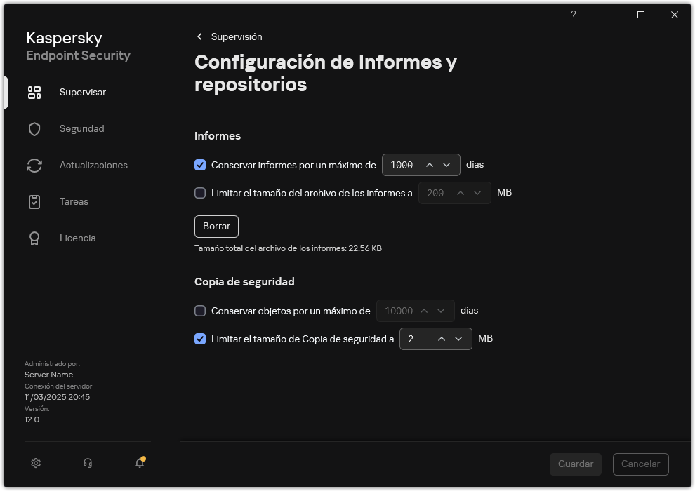 Ventana Configuración de informes y repositorios. El usuario puede establecer el tamaño y limitar el tiempo de almacenamiento de informes y objetos en el repositorio.