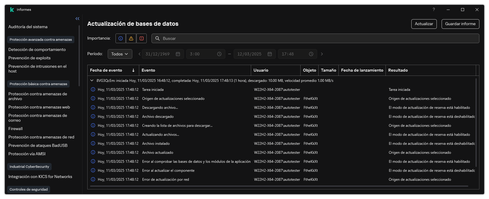 Una ventana con la lista de eventos en el informe. El usuario puede filtrar/ordenar eventos y guardar informes en un archivo.