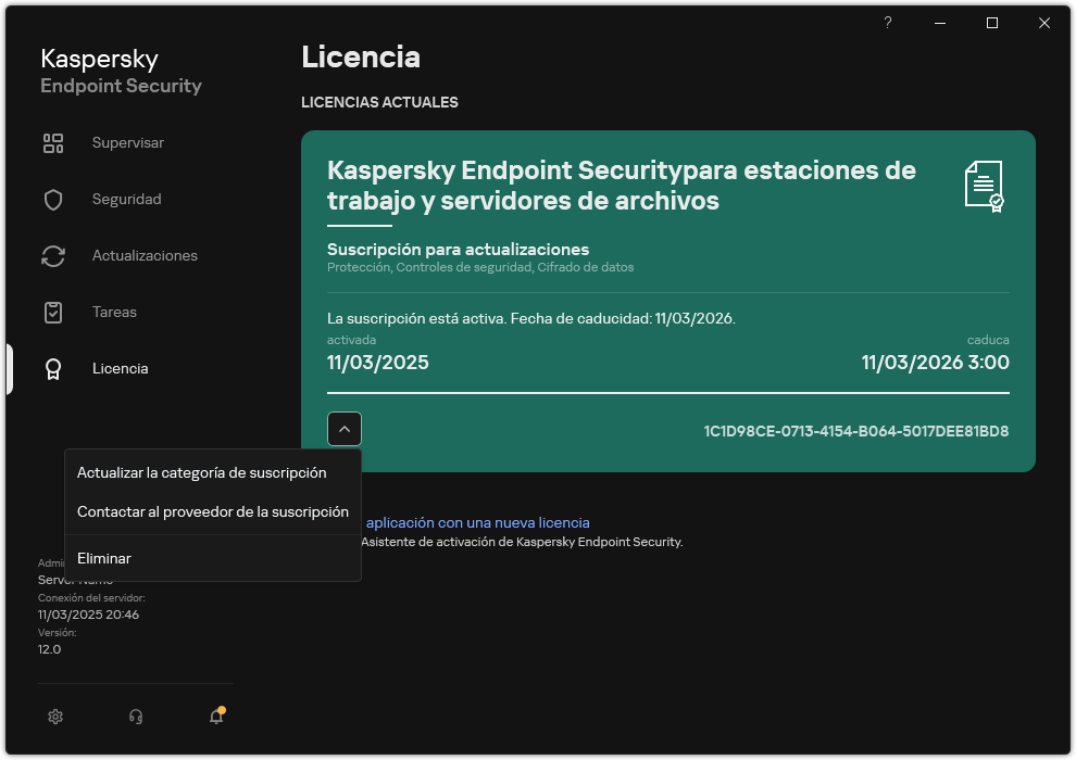 La ventana con información sobre la licencia. El usuario puede actualizar el estado de suscripción, comunicarse con el proveedor de suscripción o quitar la licencia.