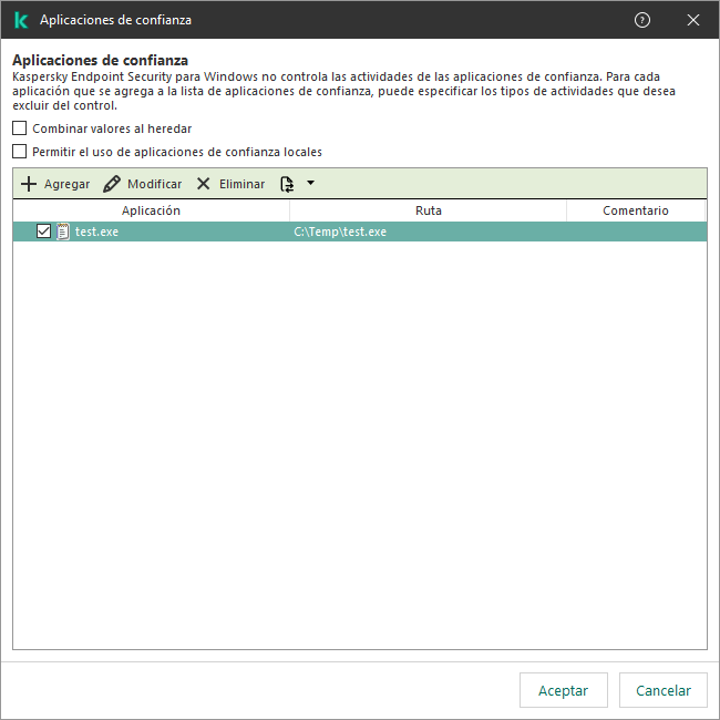 Una ventana con la lista de aplicaciones de confianza. El usuario puede agregar, editar o quitar una aplicación de confianza.