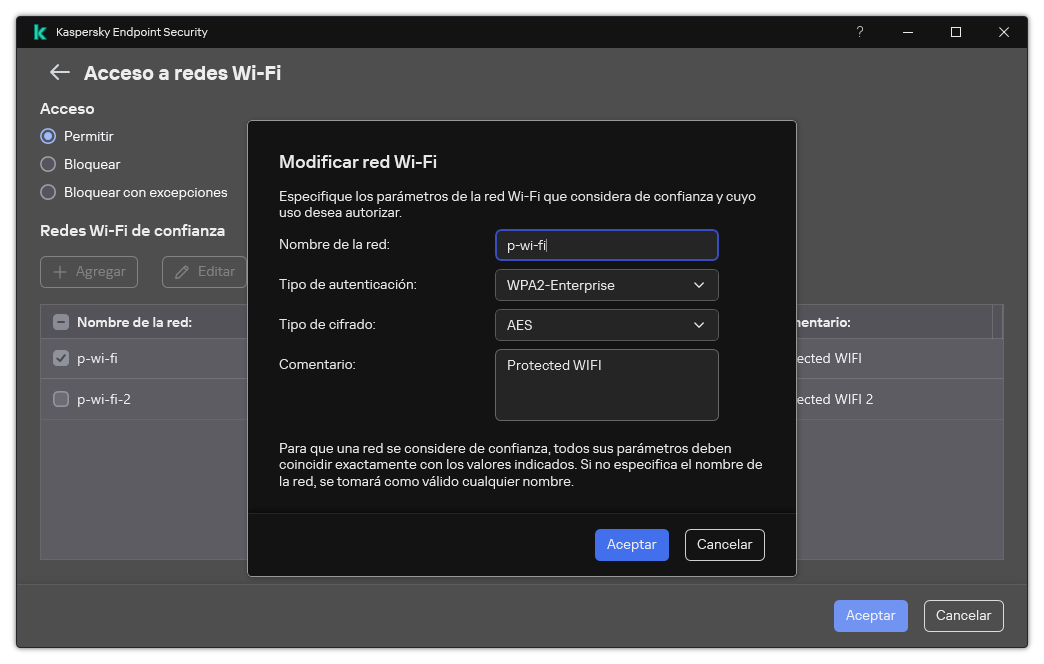 La ventana contiene la configuración de la red Wi-Fi de confianza.