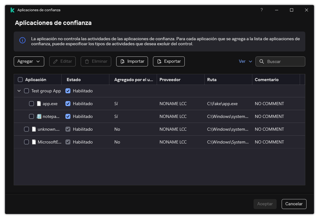 Una ventana con la lista de aplicaciones de confianza. El usuario puede agregar, editar o quitar una aplicación de confianza.