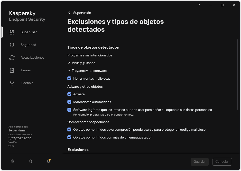 Ventana Configuración de exclusiones. El usuario puede seleccionar tipos de objetos detectados y agregar objetos a exclusiones.