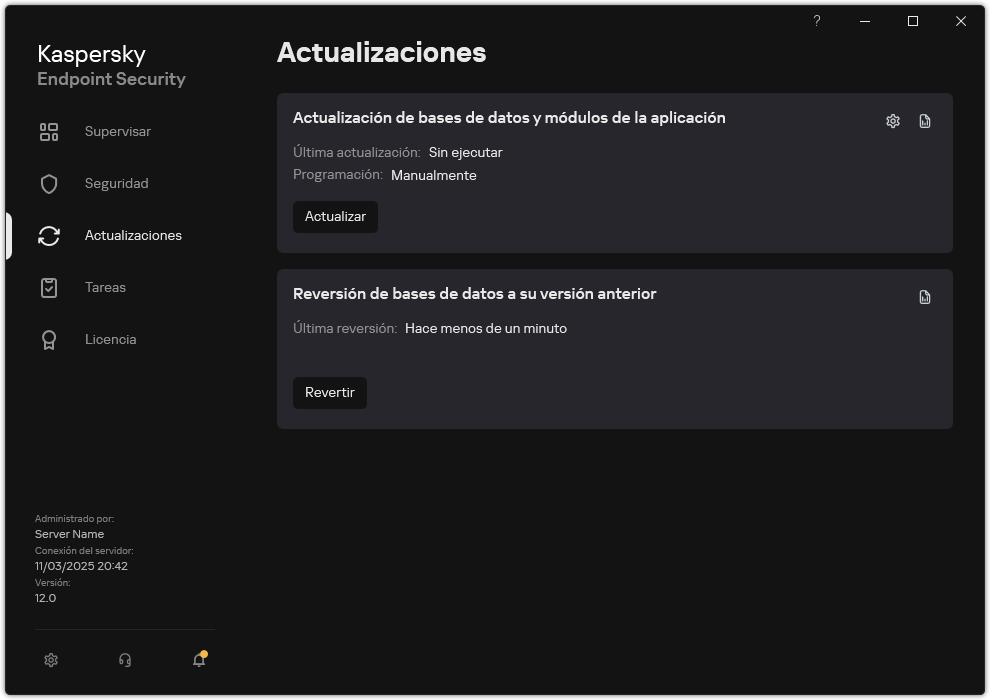 Una ventana con la lista de tareas de actualización local. El usuario puede iniciar la actualización de bases de datos y módulos de la aplicación, así como revertir la última actualización.