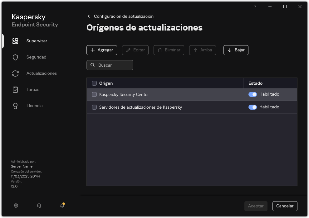 Una ventana con la lista de orígenes de actualizaciones. El usuario puede agregar orígenes de actualizaciones y asignar una prioridad a la fuente.