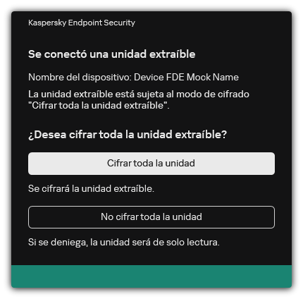 Notificación sobre una unidad conectada con el cifrado de archivos habilitado. El usuario puede cifrar archivos o rechazar.