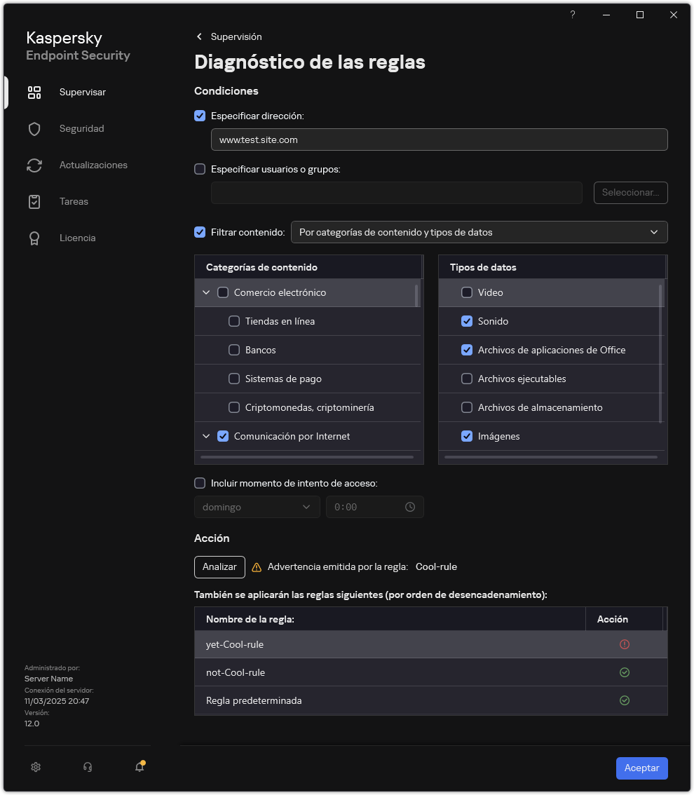 Ventana de resultados de la prueba del recurso web.