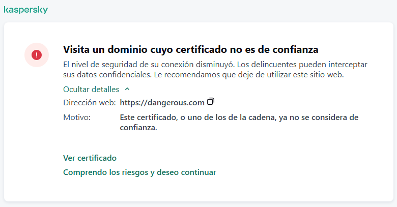 Notificación de Kaspersky sobre la visita a un dominio cuyo certificado no es de confianza en la ventana del navegador. El usuario puede seguir trabajando.