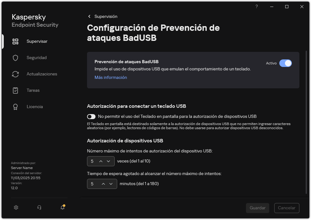 Ventana de configuración de Prevención de ataques BadUSB.