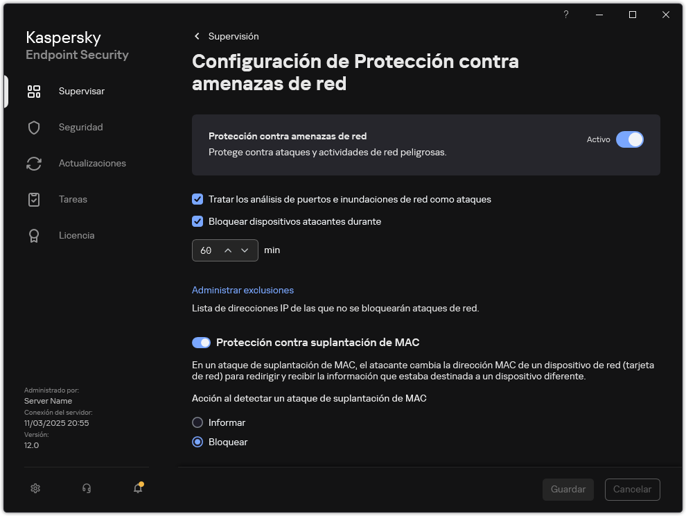 Ventana de configuración de Protección contra amenazas de red