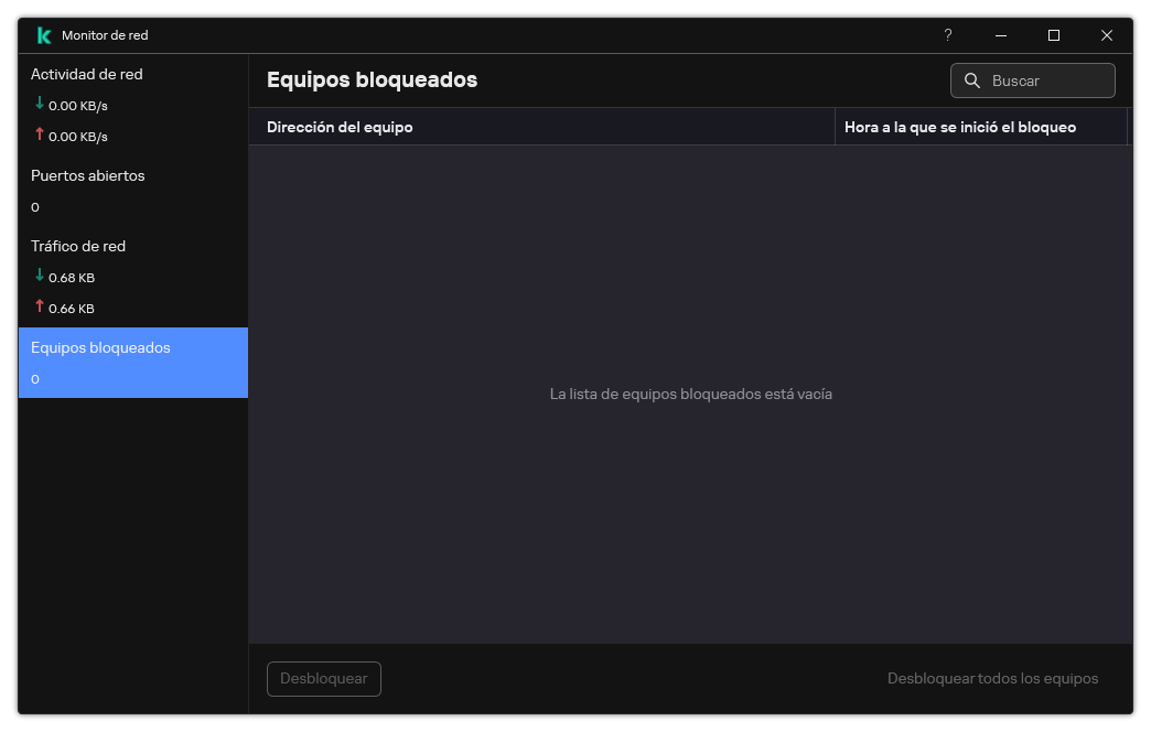 Ventana Monitor de red con una lista de equipos bloqueados. Puede desbloquear equipos individuales o todos los equipos.