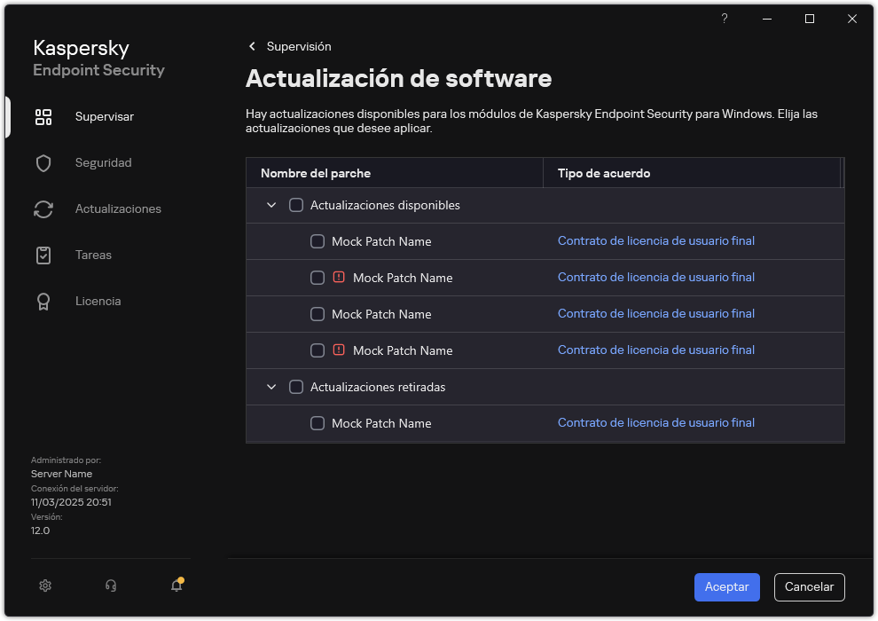 Ventana con una lista de parches disponibles. El usuario puede seleccionar parches y aceptar los términos y condiciones de los contratos.