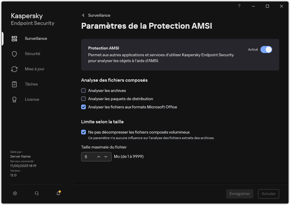 Fenetre des paramètres de protection AMSI.