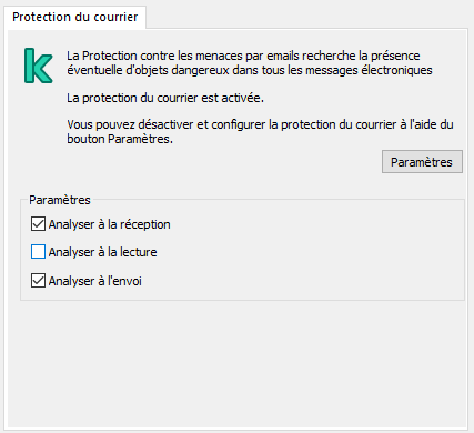 Extension Kaspersky pour la fenêtre Outlook. L'utilisateur peut configurer l'analyse des messages lorsqu'ils sont reçus, lus ou envoyés.
