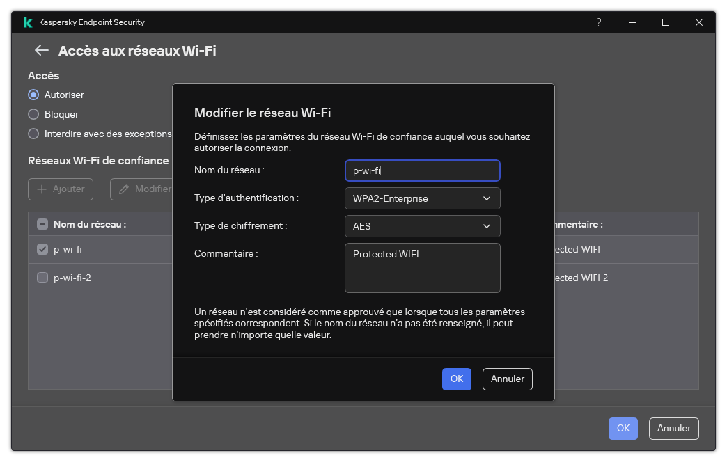 La fenêtre contient les paramètres du réseau Wi-Fi de confiance.