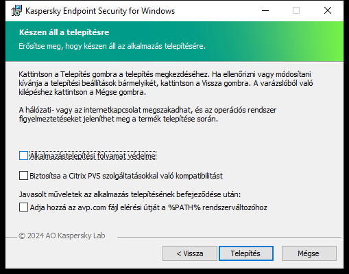 Telepítési beállítások ablaka: telepítésvédelem, kompatibilitás a Citrix PVS technológiával, rendszerváltozó az avp.com számára.