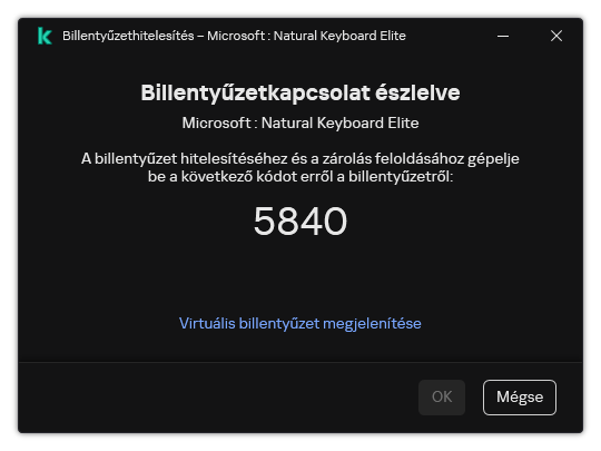 Az ablak a billentyűzet hitelesítési kódjával. A felhasználó aktiválhatja a képernyőn megjelenő billentyűzetet, és beírhatja a kódot.