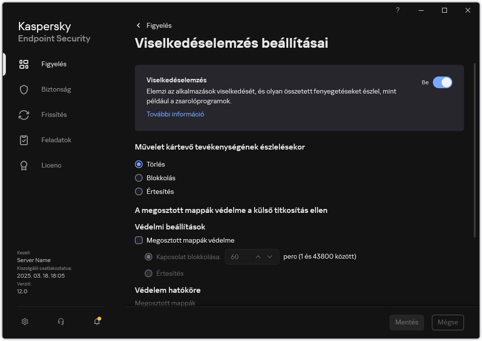 Viselkedésészlelés beállításainak ablaka.