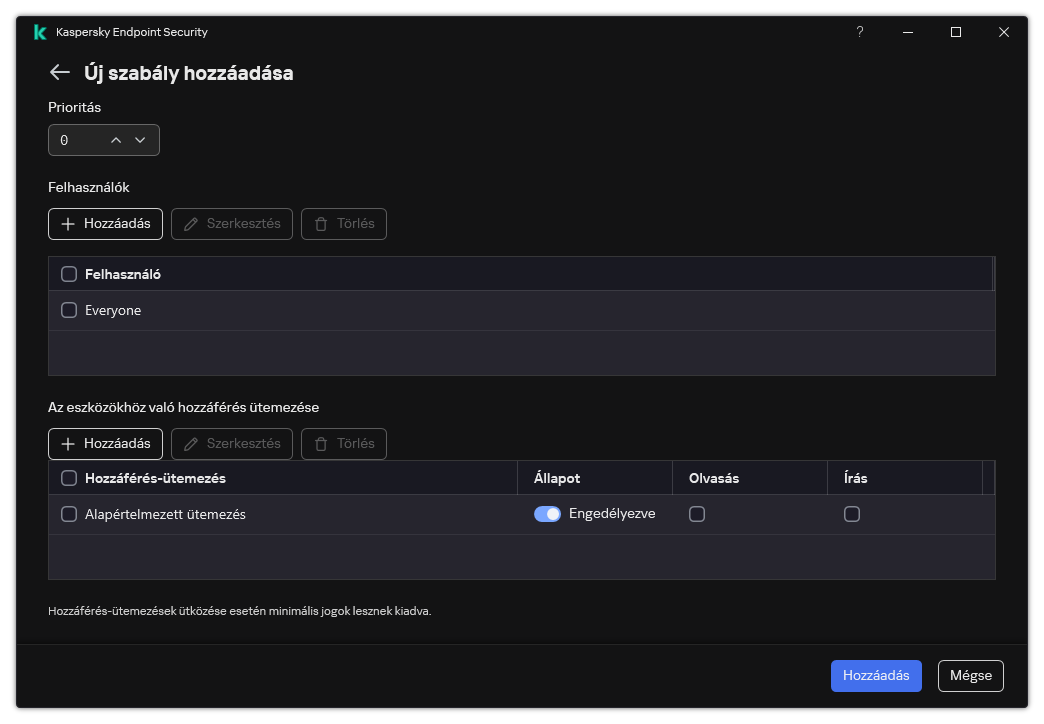Eszközfelügyelői szabály konfigurációs ablaka. A felhasználó hozzárendelheti a szabály prioritását, felhasználókat vehet fel a szabályhoz, és beállíthatja a szabály ütemezését.