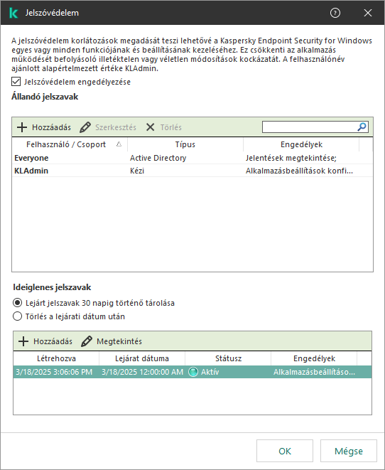 Ideiglenes jelszavak kezelése ablak.