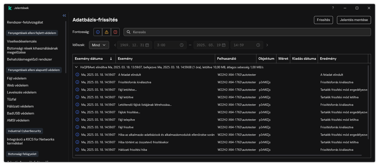 Egy ablak a jelentésben szereplő események listájával. A felhasználó szűrheti/rendezheti az eseményeket, és fájlba mentheti a jelentéseket.