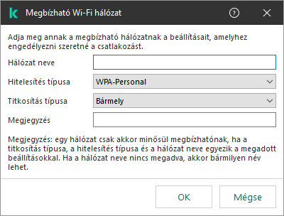 Az ablak a megbízható Wi-Fi hálózat beállításait tartalmazza.