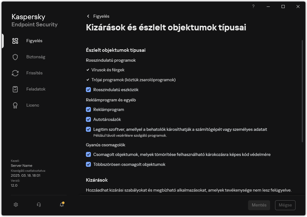 Kizárási beállítások ablak. A felhasználó kiválaszthatja az észlelt objektumok típusait, és objektumokat adhat hozzá a kizárásokhoz.