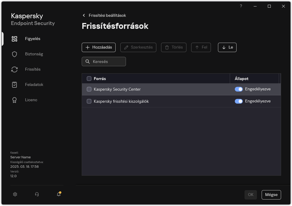 A frissítéőforrások listáját tartalmazó ablak. A felhasználó frissítési forrásokat adhat hozzá, és prioritást rendelhet a forráshoz.