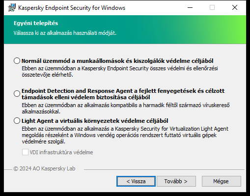 Telepítőablak az alkalmazás konfigurációjával: teljes funkcionalitás vagy Endpoint Detection and Response Agent.