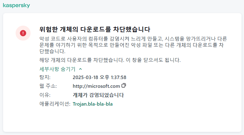브라우저 창 내에서 악상 개체 로딩을 방지하는 것에 대한 Kaspersky 알림.