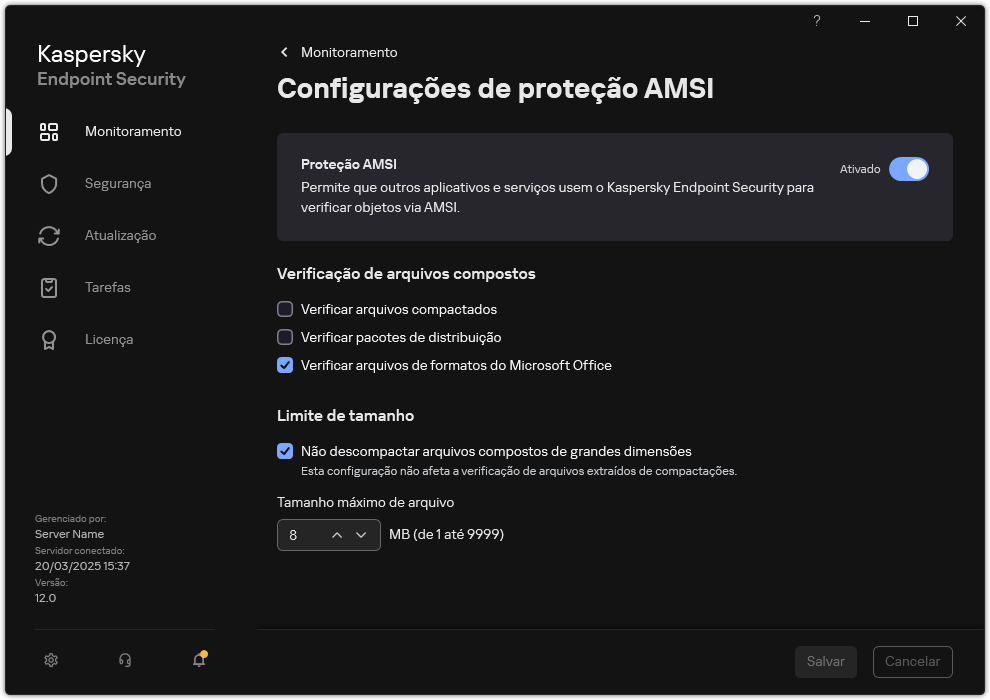 Janela Configurações de Proteção AMSI.