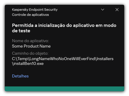 Notificação de que a inicialização do aplicativo é permitida em modo de teste. O usuário pode visualizar as informações detalhadas sobre a regra.