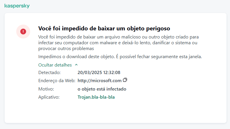 Notificação da Kaspersky sobre impedir que objetos maliciosos sejam carregados na janela do navegador.