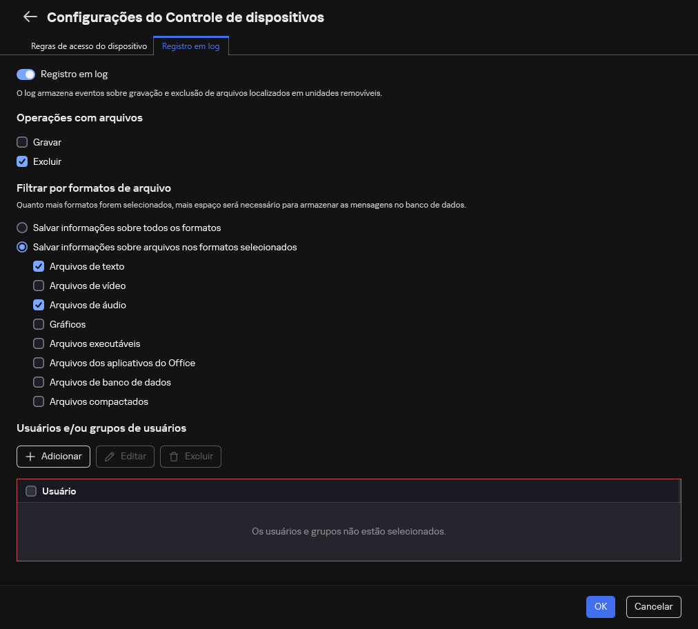A janela para configurar a criação de log de eventos sobre o uso de unidades removíveis. O usuário pode selecionar os eventos a serem registrados.