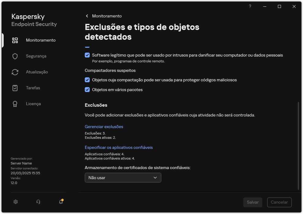 Janela Configurações de exclusão. O usuário pode adicionar exclusões e aplicativos confiáveis.