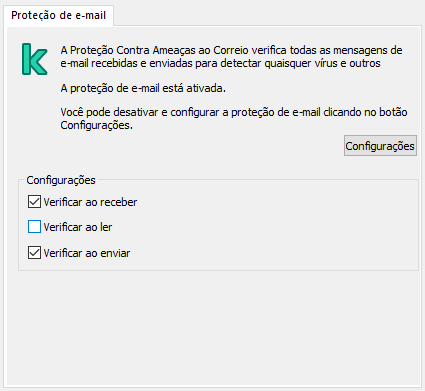 Extensão da Kaspersky para a janela do Outlook. O usuário pode configurar a verificação de mensagens quando recebidas, lidas ou enviadas.