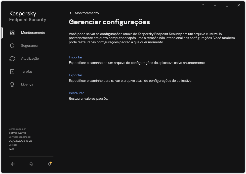 Janela Configurações de exclusão. O usuário pode exportar, importar ou restaurar as configurações do aplicativo.