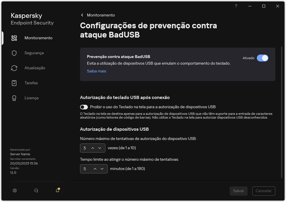 Janela de Configurações de prevenção contra ataque BadUSB.
