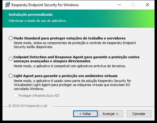 Janela do instalador com a configuração do aplicativo: funcionalidade completa ou Endpoint Detection and Response Agent.