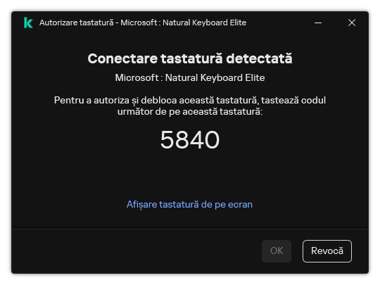 Fereastra cu codul de autorizare a tastaturii. Utilizatorul poate activa tastatura de pe ecran și poate introduce codul.