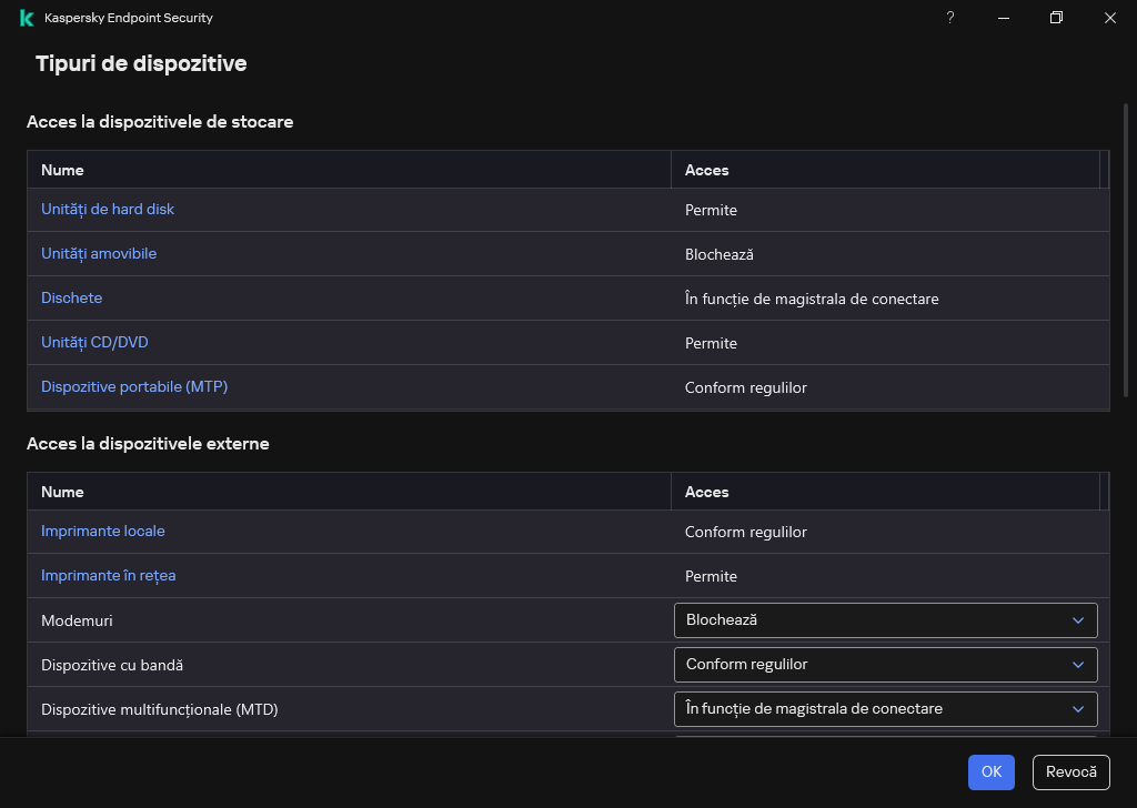 Fereastra pentru configurarea accesului la dispozitive. Utilizatorul poate configura accesul la dispozitive și poate seta parametri de acces suplimentari, cum ar fi planificarea accesului.