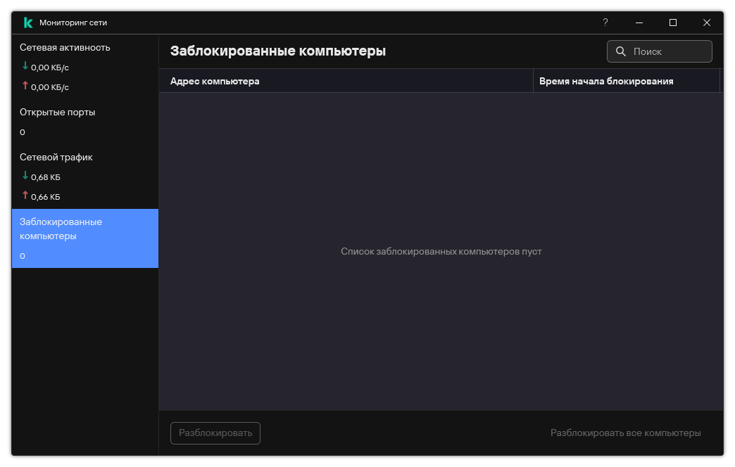 Окно Мониторинга сети со списком заблокированных компьютеров. Пользовать может разблокировать отдельные компьютеры или разблокировать все.